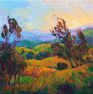 Layers of color fade into the distance in this impressionist oil painting of Paso Robles, central California's wine country.  The brush strokes are thickly applied, full of life and movement.

This painting was created on gallery depth canvas, with the painting continued around the edges of the stretched canvas. It arrives ready to hang without a frame needed.
