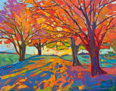 Northwest fall color is a sight to see. My favorite trees to paint are maple trees, with their wide range of colors from dark purple and fiery red, to orange, yellow, and the last hints of apple green.

"Maple Hills" is an original oil painting on linen board. The piece arrives framed in a wide, custom frame designed to set off the colors in the piece.

This painting will be displayed at Erin Hanson's annual <a href="https://www.erinhanson.com/Event/ErinHansonSmallWorks2022" target=_"blank"><i>Petite Show</a></i> on November 19th, 2022, at The Erin Hanson Gallery in McMinnville, OR.