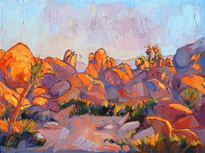 Multi-hued purple shadows lurk behind rounded granite boulders at Joshua Tree National Park, while the crimson light of sunset carves fire from the rocks. This painting is full of energy and motion, the brush strokes quick and alive.