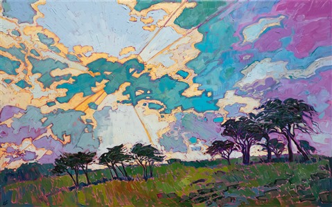 A radiant sky bursts with expressive color over the low rolling landscape of Texas hill country. The impressionistic brush strokes capture the life and movement of the scene.

"Lighted Clouds" was created on 1-1/2" canvas, with the painting continued around the edges of the painting. The work arrives framed in a carved floater frame designed by Erin Hanson.