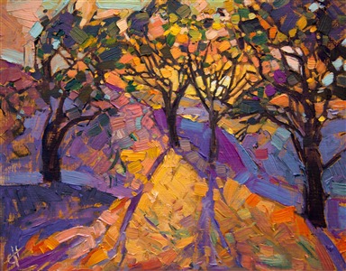 Crystal shadows and mosaic light plays across this painting of Paso Robles, California.  The vivid color and thick brush strokes seem to come alive off the canvas.