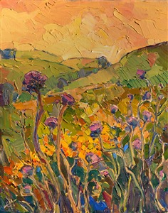 Bright purple thistles stand against a summer-hued backdrop of rolling California hills.  This painting was created with a loose, impressionistic hand, the brush strokes coalescing into a mosaic pattern of light and color.

This painting was created on 3/4" canvas and arrives already framed in a classic gold frame, ready to hang.  The second photograph above shows the painting under gallery lighting in the frame that is included with this piece.