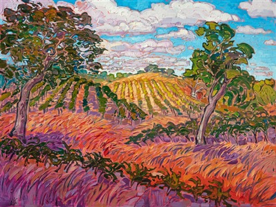 Clouds above Paso Robles drift by in the warm afternoon, casting changing shadows across the rolling vineyards below. Paso Robles is famous for its wine varieties, with optimal growing conditions for different varietals caused by the multitude of micro-climates stretching from Cambria coastline all the way inland to east Paso. This painting captures a beautiful late summer day in central California.

"Clouds Above Paso" was created on 1-1/2" canvas, with the painting continued around the edges. The piece arrives framed in a contemporary gold floater frame finished in 23kt gold leaf.