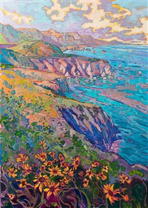 Highway 1 blooms with springtime color in this large, impressionistic oil painting by Erin Hanson. The thickly applied paint vibrates wtih color, and the motion of the brush strokes pulls you through the painting and lets you escape into your imagination.

"California in Bloom" was created on 3/4" canvas. The piece arrives in a hand-carved and gilded impressionist frame.