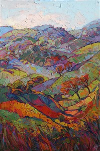 Warm, dusky tones of olive green and burgundy create layers of abstract shapes across the canvas. The wine-colored hues of paint transport you to the land of Paso Robles, one of California's most beautiful wine-growing regions.