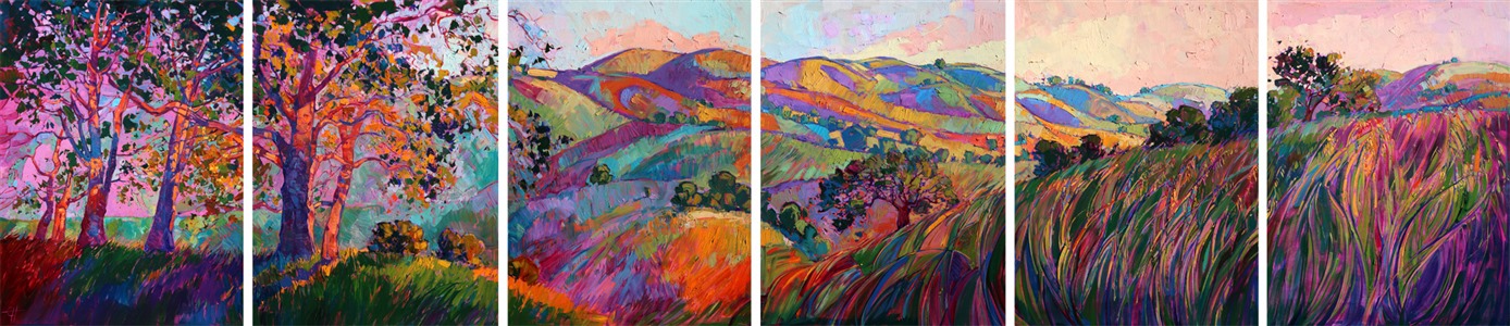 This is the full 8-paneled painting titled "Sherbet Hills in Hexaptych." This painting captures the wide panorama of Paso Robles in the warm light of sunset. The impressionistic brush strokes are loose and painterly.