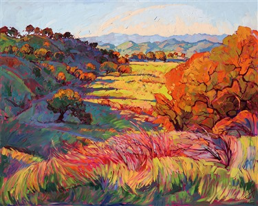 Erin loves to re-visit certain landscapes time and time again throughout the year, to watch the subtle changes from season to season. Paso Robles is one of these landscapes. This painting was inspired by a recent trip to Paso, when parts of the valley were already changing into spring colors, the new and delicate green grasses hovering above their bed of sun-washed golden grass.