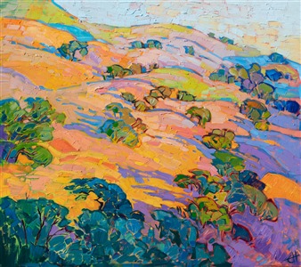 Rolling hills of Napa Valley are brought to life in vivid color, capturing the vibrant sherbet hues seen at dawn. Groves of oak trees nestle in between the hillsides, casting long purple shadows across the sun-burnt grass.

"Hills at Dawn" was created in Erin's Open Impressionist style, with thickly applied paint and defined brushstrokes. Each color was mixed from a limited palette of only 5 primary colors. The thick, impasto paint lends dimension to the canvas. The piece was created on 1-1/2" canvas, with the painting continued around the edges. The painting arrives framed in a simple gold-leaf floater frame.