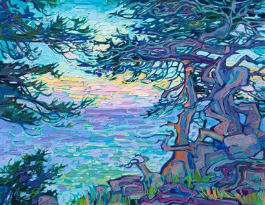 Monterey cypress trees grow along the rocky coastline of Pebble Beach's famous 17 Mile Drive. The ancient, gnarled branches of the cypress stand out starkly against the sunset-reflecting ocean beyond.

"Cypress Blues" was created on gallery-depth stretched linen, and the painting arrives framed in a contemporary gold floater frame.