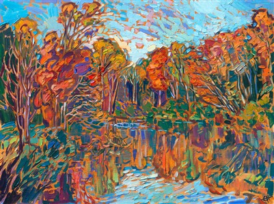 Thick brush strokes and vivid color capture the beauty of the Blue Ridge Mountains at the peak of fall color. Leaf peeping among the gently rolling hills, winding rivers, and lakes brought me to many unexpected vistas of color.

"Autumn Lake" is an original oil painting on linen board, done in Erin Hanson's signature Open Impressionism style. The piece arrives framed in a wide, mock floater frame finished in black with gold edging.

This piece will be displayed in Erin Hanson's annual <i><a href="https://www.erinhanson.com/Event/petiteshow2023">Petite Show</i></a> in McMinnville, Oregon. This painting is available for purchase now, and the piece will ship after the show on November 11, 2023.