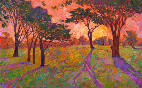 Sherbet tones of pink, yellow, and orange blend deliciously across the canvas in this painting of oak trees on a grassy plain. The movement of the brush strokes draws you into the painting so you can get lost in the ethereal world of color.

This painting was created on 1-1/2" canvas, with the painting continued around the edges. It has been framed in a gold floater frame and arrives ready to hang.