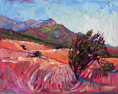 Hiking near Boney Mountain inspired this painting. Even in the middle of July the landscape is saturated in color. The loose brush strokes in this painting capture the feel of the outdoors.
