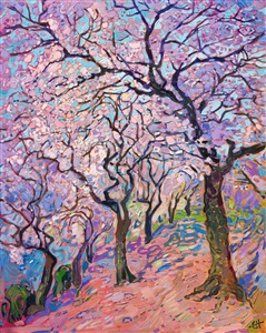 This painting, inspired by my recent trip to Kyoto, Japan, captures an arbor of Japanese cherry trees blossoming overhead. I love how cherry trees are pruned in Japan to create beautiful, arching branches. I captured the white and pink blossoms with thickly applied brush strokes of oil paint laid side-by-side, like a mosaic tapestry of color.
