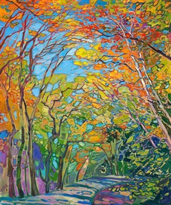 Delicate autumn light illuminates this tree-lined path, making the stately trees glow with fall colors. This painting captures the striking beauty of autumn with thick, expressive brush strokes of oil paint that have the feeling of stained glass.