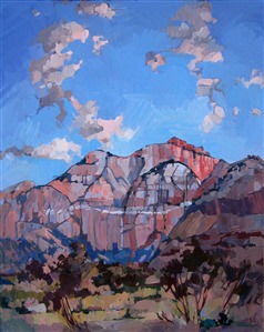 Beautiful sunset colors at Zion National Park. This painting captures the soft pink light reflecting off the mountain peaks.