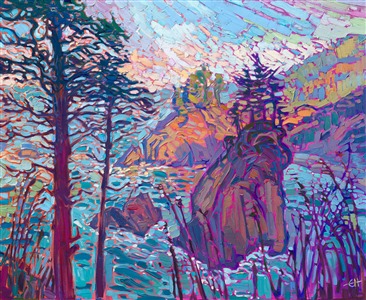 The California coast north of Mendocino has beautiful, pine-covered cliffs and haystack rocks along the curving line of coast. This painting was inspired by a lookout peering between tall groves of evergreens.

"North Coast" is an original oil painting created on linen board. The piece arrives framed in a wide, black and gold frame.

This piece will be displayed in Erin Hanson's annual <i><a href="https://www.erinhanson.com/Event/petiteshow2023">Petite Show</i></a> in McMinnville, Oregon. This painting is available for purchase now, and the piece will ship after the show on November 11, 2023.