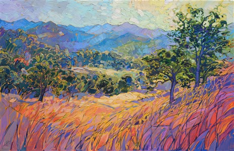 This painting captures the beautiful colors and light of central California's wine country.  The rolling hills between the coastal mountain range and the Paso Robles valley are filled with vineyards, ancient oak trees, and winding country roads.  This piece was inspired by a late afternoon view across the rolling hills, looking out towards the coastal range.

This painting was done on 1-1/2" canvas, with the painting continued around the edges. The piece has been framed in a gold floater frame and arrives ready to hang.