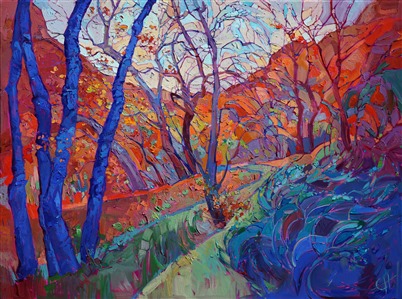 Autumn afternoons in Zion National Park bring rich blue and violet shadows to life, their cool colors bright against the distant red rock cliffs. This painting conveys the mood of Zion in the fading autumn light, the lush brush work both evocative and mesmerizing.