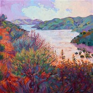 Thick brush strokes and bold color make this landscape of central California pop with life and movement. This painting of Whale Rock Reservoir, near Paso Robles' wine country, brings to your home the delicate light of dawn in lavender curves and distant green hills.