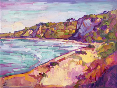 Delicate purple shadows outline the cliffside of this Redondo Beach painting. The shades of early morning are captured in buttery strokes of oil paint.