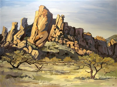 Long purple shadows and spikey desert trees capture the feel of these Utah buttes.