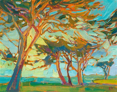 Monterey is beautiful in the early morning light just after dawn, the cypress trees reflecting the multi-hued light of sunrise.  Each brush stroke in this painting is applied with deliberation, intent on creating an effect within the overall composition.

This small oil painting arrives framed and ready to hang. This classic work from 2015 is being sold on consignment at The Erin Hanson Gallery.