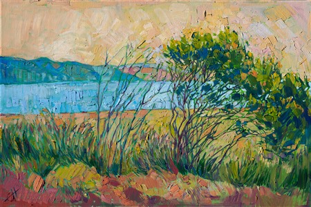 The scrubby plant life growing near Cambria provides the perfect abstracted foreground for a painting of the curving California coastline. The brush strokes are thick and impressionistic, full of color and movement.