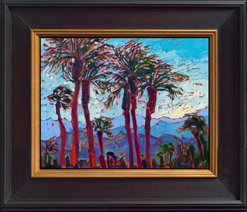 La Quinta is a beautiful desert resort destination in southern California. There are date palms everywhere, silhouetted against the dramatic mountains that surround the Coachella Valley. This painting captures the desert blues of La Quinta with loose, expressive brush strokes.

"Blue Palms" is an original oil painting created on linen board. The piece arrives framed in a black and gold plein air frame.

This piece will be displayed in Erin Hanson's annual <i><a href="https://www.erinhanson.com/Event/petiteshow2023">Petite Show</i></a> in McMinnville, Oregon. This painting is available for purchase now, and the piece will ship after the show on November 11, 2023.