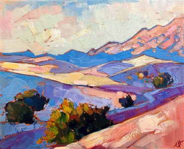 Soft colors of butter and cream reflect off the white sands of Death Valley, in this small oil painting on board.
