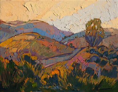 Dusky hues create a mellow atmosphere in this modern impressionist painting of central California's wine country.  Each brush stroke communicates motion and life within the landscape.

This small oil painting arrives framed and ready to hang. The second photograph above shows the painting hanging in gallery spot lighting.

This painting was auctioned at the Cowgirl Up! museum exhibition in 2016.