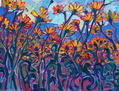 Yellow flowers bloom in an abundance of sunny color during a desert super bloom. This painting captures the desert wildflowers at Borrego Springs, in southern California. Erin Hanson applies impasto brush strokes of oil paint are laid side by side, without overlapping, in her signature technique of Open Impressionism, creating a mosaic of color and texture across the canvas with her brush.

"Lemon Blooms" is an original oil painting created on linen board. The piece arrives in a mock floater frame, ready to hang.

This piece will be displayed in Erin Hanson's annual <i><a href="https://www.erinhanson.com/Event/petiteshow2023">Petite Show</i></a> in McMinnville, Oregon. This painting is available for purchase now, and the piece will ship after the show on November 11, 2023.