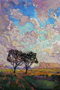 A richly textured sky blooms over the high desert of Arizona, green in spring. The brush strokes in this painting are loose and impressionistic.