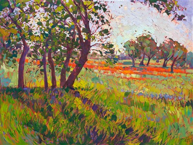 Scarlet wildflowers and bluebonnets dance among the high summer grasses in this painting of Texas hill country.  The brush strokes capture the motion of this breezy spring day, commemorating a beautiful moment in time.