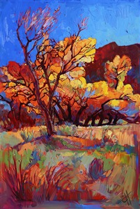 The cottonwoods in Utah turn a beautiful, lively golden-yellow in the fall. This painting captures the cottonwoods in Zion National Park, just before the final freeze came before winter. Loose brush strokes and expressive color give this painting a special touch.