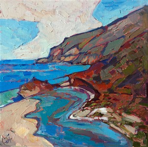 This painting was inspired by one of the many coastal vistas seen from Highway 1 near Big Sur.  The brushstokes are thick and expressive, capturing the vibrancy and beauty of the moment. 

This painting has been framed in a hand-carved and gilded frame that was designed to complement the colors in this painting.  It will arrived wired and ready to hang.

This painting will be included in the exhibition <i><a href="https://www.erinhanson.com/Event/erinhansoncoastalcalifornia" target="_blank">Erin Hanson: Coastal California</i></a>, at The Erin Hanson Gallery in San Diego. The artist's reception will take place on June 24th.  If you purchase this painting online, it will be shipped to you the week of June 26th.