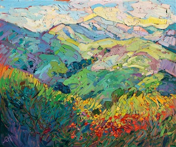 Red wildflowers bloom in colorful abandon in these spring-green hills of central California.  The distant hills create layers of texture and color.

This original oil painting was created over an application of 24 karat gold leaf. The genuine gold glints through the layers of oil paint, catching the light in a subtle and surprising manner, and bringing the oil painting to life like never before.

The painting was created on 3/4" canvas and comes framed in a gilded, 5"-deep, museum-quality frame. Additional photos are available upon request.