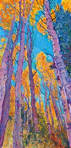 Stately aspens tower high above against an October blue sky. This painting of Cedar Breaks National Monument in southern Utah captures the vibrant hues of the quaking aspen in autumn glory. Thick brush strokes of oil paint add dimension and movement to the painting.

"Aspen Blues" is an original oil painting on stretched canvas, by American impressionist Erin Hanson. This painting arrives framed and ready to hang.