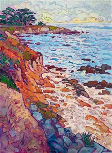 The white sands of Pebble Beach are a beautiful contrast to the sandy orange cliffs and multi-colored ice plants that grow along the tops. The brush strokes are loose and impressionistic, alive with color and motion.

"Rocky Sands" was created on 1-1/2" canvas, with the painting continued around the edges. The piece arrives framed in a contemporary gold floater frame.