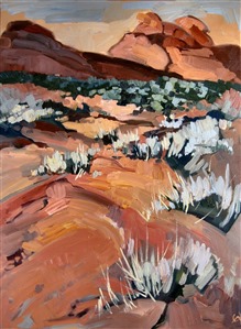 Original oil painting of Valley of Fire State Park, the late afternoon light casting a pink glow over the landscape.