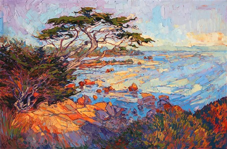 Delicate cypress trees carve abstract shapes out of the canvas, creating a mosaic of color and light across the landscape. This impressionist painting brings to life the emotional life of Monterey, California. The early morning dawn casts soft, sherbet-colored light across the rocky coastline.
