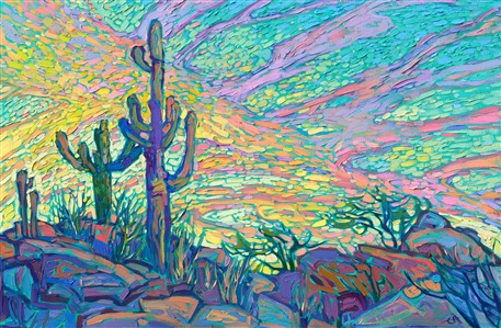Dawning clouds are illuminated in hues of sherbet and butter yellow. The springtime saguaros stand tall and stately against the sky. Each brush stroke is thick and impressionistic, conveying a sense of movement throughout the painting.

"Dawning Saguaro" was created on gallery-depth canvas, and the painting arrives framed in a gold floater frame, ready to hang.