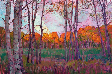 During this past October, the artist traveled for a week through Utah and Colorado in search of the quickly changing color of aspens and cottonwood trees.  This painting capture that fleeting moment of overwhelming beauty.

This painting was created on deep canvas, with the painting continued around the wrapped edges of the stretched canvas. It arrives ready to hang without a frame necessary.


