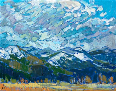Abstract brush strokes capture the impression of dramatic clouds moving low over a Montana mountain range. The colors of Montana are captured in thick, confident brush strokes.

This painting was created on linen board, and it arrives ready to hang in a custom-made frame.

This painting was exhibited in <i><a href="https://www.erinhanson.com/Event/ErinHansonAmericanVistas/" target="_blank">Erin Hanson: American Vistas</i></a> at the Nancy Cawdrey Studios and Gallery in Whitefish, Montana, 2019.
