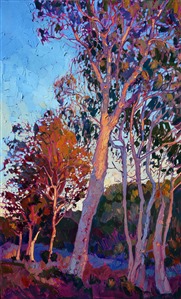 A grove of eucalyptus are bathed in a sudden warm light as the sun hits the horizon. These beautiful, wispy trees are the epitome of California color. The thick and lively brush strokes add an element of motion and texture to the painting.