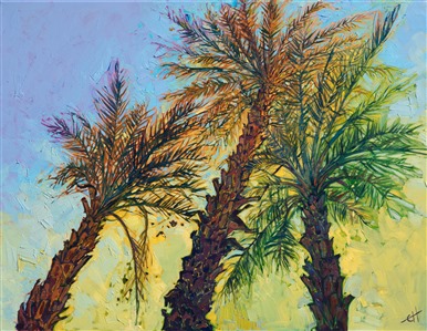 This painting was inspired by a grove of date palms in La Quinta, California.  The palm fronds were catching the early morning light and glimmering with color and motion.  Each individual brush stroke is thickly applied and adds to the overall motion and depth of the painting.

This painting has been framed in a gold floater frame and arrives ready to hang.  The canvas is 1-1/2" deep, with the painting continued around the edges of the canvas.