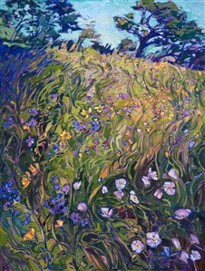 Abstract flowers swirl together in a medley of purples and greens, a celebration of life and color.  The impressionistic movement in the long spring grasses engages the eye in contemplation. 

The piece was created on 1-1/2" canvas, with the sides of the canvas painted as a continuation of the painting. This painting has been framed in a champagne-gold Open Impressionist frame. 
