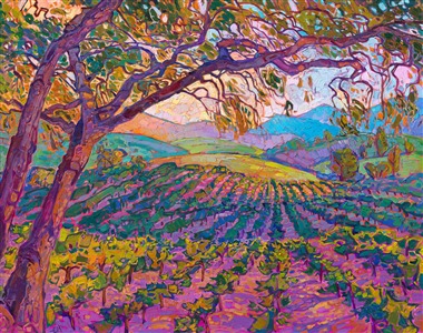 Rolling hills of cultivated grapevines create layers of colors in the landscape, in this painting of California wine country. The impasto brush strokes are thickly applied, without overlapping, creating a mosaic of texture and color across the canvas. This painting captures all the beauty of wine country at dawn.

"Vines at Dawn" is an original oil painting on stretched canvas. The piece arrives framed in a contemporary gold floater frame, ready to hang.


<b>Paintings of Paso Robles</b>
Erin Hanson has been painting the wine country landscapes of Paso Robles, California, for over a decade. Endlessly inspired by Paso's gently rolling hills, ancient oak trees, and pastoral vineyards, Erin Hanson has painted over 250 oil paintings of Paso Robles. You can see her <a href="https://www.erinhanson.com/Portfolio?search=paso%20robles">Paso collection here.</a>

Wine country paintings are perfect for anyone who loves the iconic landscapes where grapevines grow. Often nestled near a coastline, with hills and coastal mountains, oak trees and evergreens, viticultural landscapes are some of the most beautiful landscapes an artist can find to paint. Erin Hanson has three collections in her portfolio for lovers of wine country: <a href="https://www.erinhanson.com/Portfolio?col0=Wine_Country">The Wine Country Collection</a>, <a href="https://www.erinhanson.com/Portfolio?col0=Vineyard_Collection">The Vineyard Collection</a>, and <a href="https://www.erinhanson.com/Portfolio?col0=Oaks_and_Hills">The Oaks and Hills Collection.</a>

Erin Hanson's original oil paintings often sell before they are dry, but most of her work are available as <a href="https://www.erinhanson.com/Blog?p=Impressionism-Prints-Direct-from-Artist">canvas prints</a> or limited edition <a href="https://www.erinhanson.com/Blog?p=TechnicalSpecificationsof3DArtReproduction">3D Textured Replicas.</a> If you have your heart set on a one-of-a-kind, original oil painting by Erin Hanson, write us a <a href="https://www.erinhanson.com/Contact">message here</a> at The Erin Hanson Gallery, and we will keep you informed when Erin releases new works.


<b>What is Open Impressionism?</b>
Erin Hanson has created a unique style of painting in oils called "<a href="https://www.erinhanson.com/Blog?p=What-is-Open-Impressionism">Open Impressionism</a>." Her paintings immediately catch the eye because of their vibrant colors and expressive brush strokes. She creates her landscapes with a limited palette of only 5 colors, and using these 5 primary colors she pre-mixes her entire palette (over a hundred individual hues) before she ever picks up a brush. Next, she applies the paint with a confident, experienced hand, placing the paint exactly where it belongs on the canvas, and trying not to over any part of the canvas more than once. This unique method of painting in oils, without any layering, creates a stained glass or mosaic effect in her paintings. The final result is a vibrant painting that captures the landscapes she loves.

Do you want to follow along and learn more about Erin's unique style? Subscribe to Erin's <a href="https://www.erinhanson.com/Subscribe">weekly newsletter here.</a>

