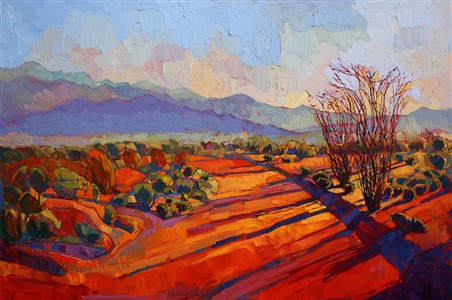Desert color, seen through the eyes of the artist, is brilliant and full of interesting textures and contrasts. The late afternoon is one of Hanson's favorite times of the day for hiking and getting inspiration for paintings, as in this painting of Borrego Springs, California.