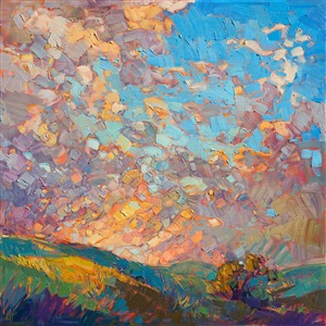 Mosaic light pierces through the clouds, forming a brilliant array of color across the landscape. Thick brush strokes leap from the canvas with energy and life, interacting with the natural light around the painting.

This painting was created on museum-depth canvas, with the painting continued around the edges of the stretched canvas. It arrives ready to hang without a frame. (Please contact the artist if you would like information on framing options.)