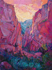 Fading light rays gleam through the red rock canyon cliffs of Kolob Canyon, part of Zion National Park.  The rich yellow rays create a bold purple shadow in contrast.
